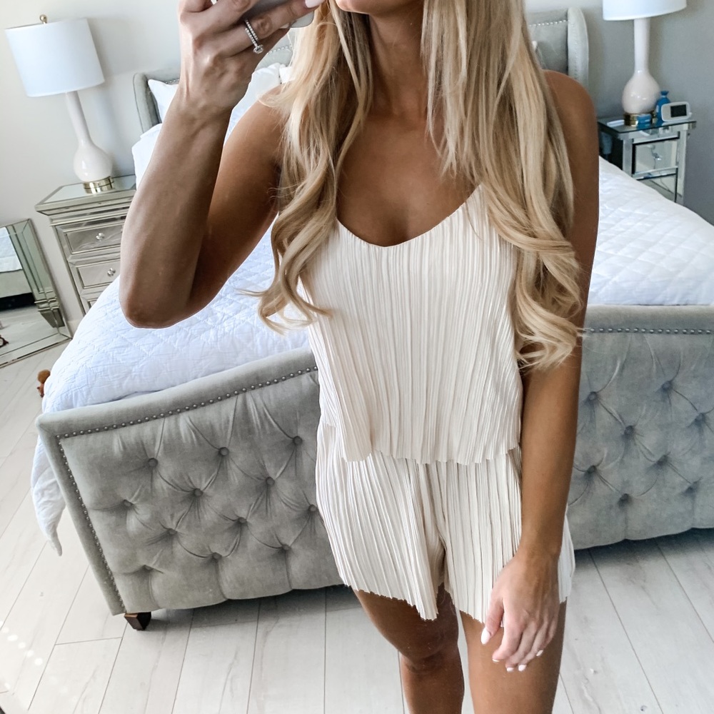 LAST ONE!! (Large) Champagne Pleated Satin Romper - Picture 10 of 14